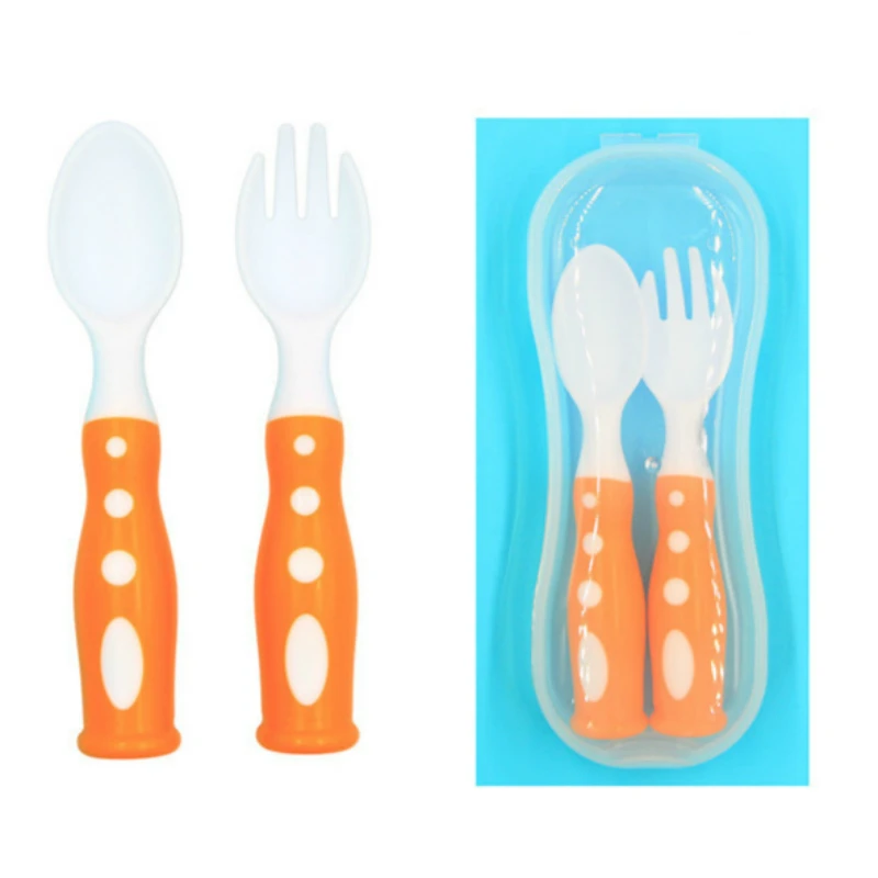 

2Pcs/Set Baby Feeding Training Spoon + Fork New PP Cartoon Spoon Baby Safe Silicone Spoon Training Spoon Fork BPA Free