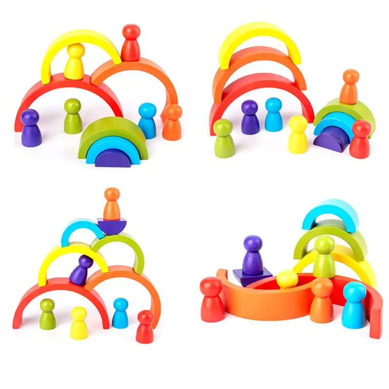 

Wooden Rainbow Bridge and Rainbow Figure Set Montessori Educational Toys Building Block for Kids Baby