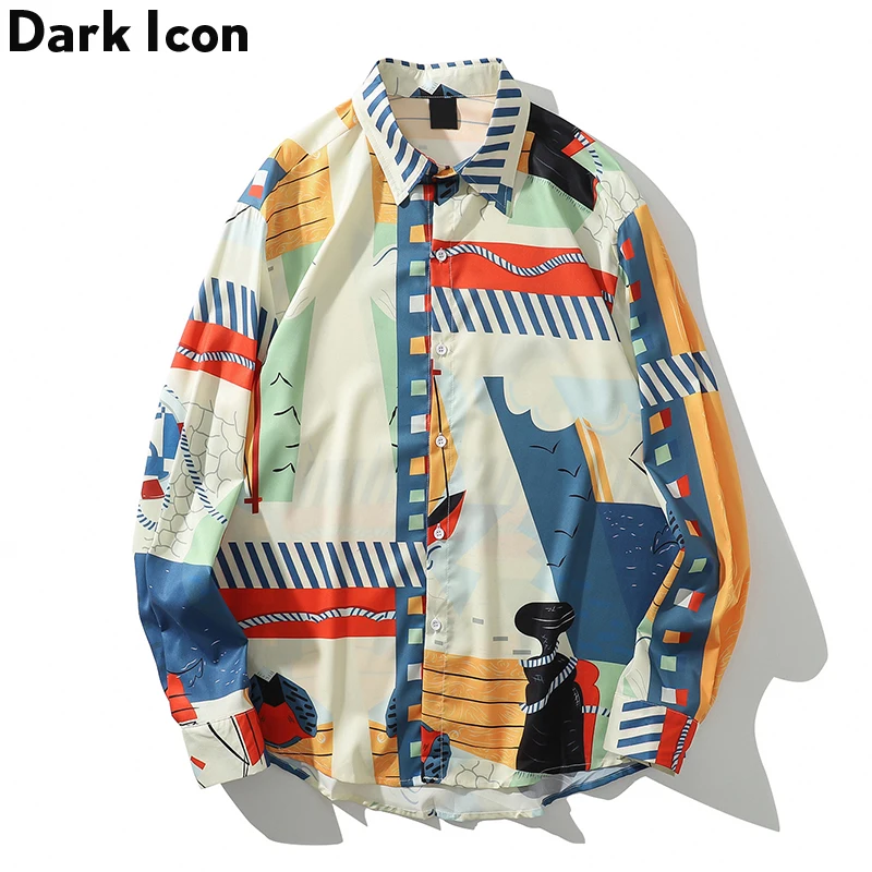 Темная икона полная печать хип-хоп рубашки осень 2019 новая мода длинный рукав