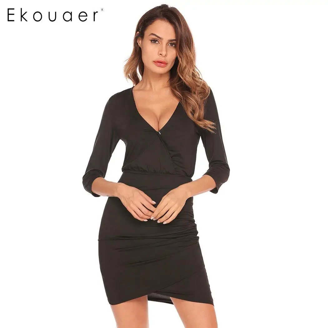 Ekouaer женские Сексуальные облегающие платья Clubewear искусственная обертка v-образный вырез 3/4 рукав Ruched боковая многослойная Повседневная мини-платье