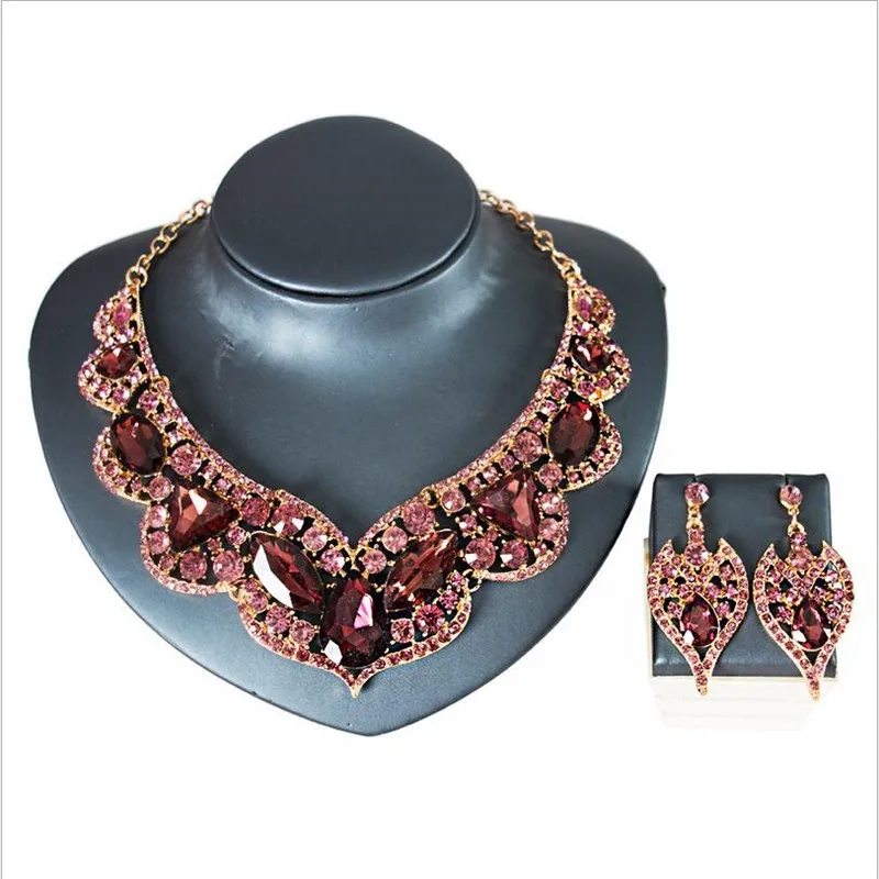 

Fashion Bridal Weddings Costume Crystal Choker Necklace For Women Statement Necklaces Earring Collar Boho Jewelry Sets 5 Colors