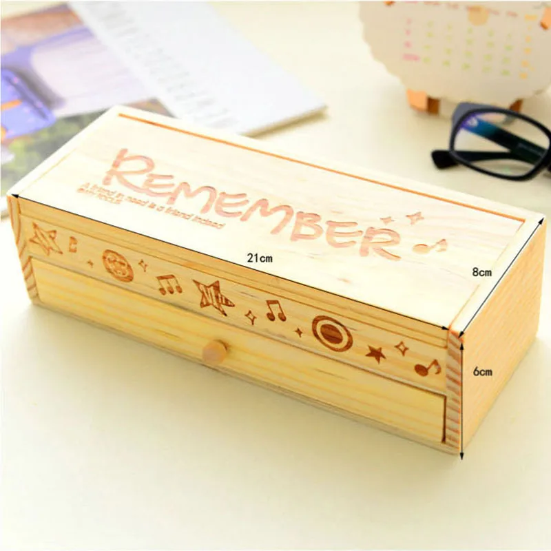 

Wooden Pencil Case 2 Layer Large Capacity Pen Holder with Black Board for Student School P7Ding