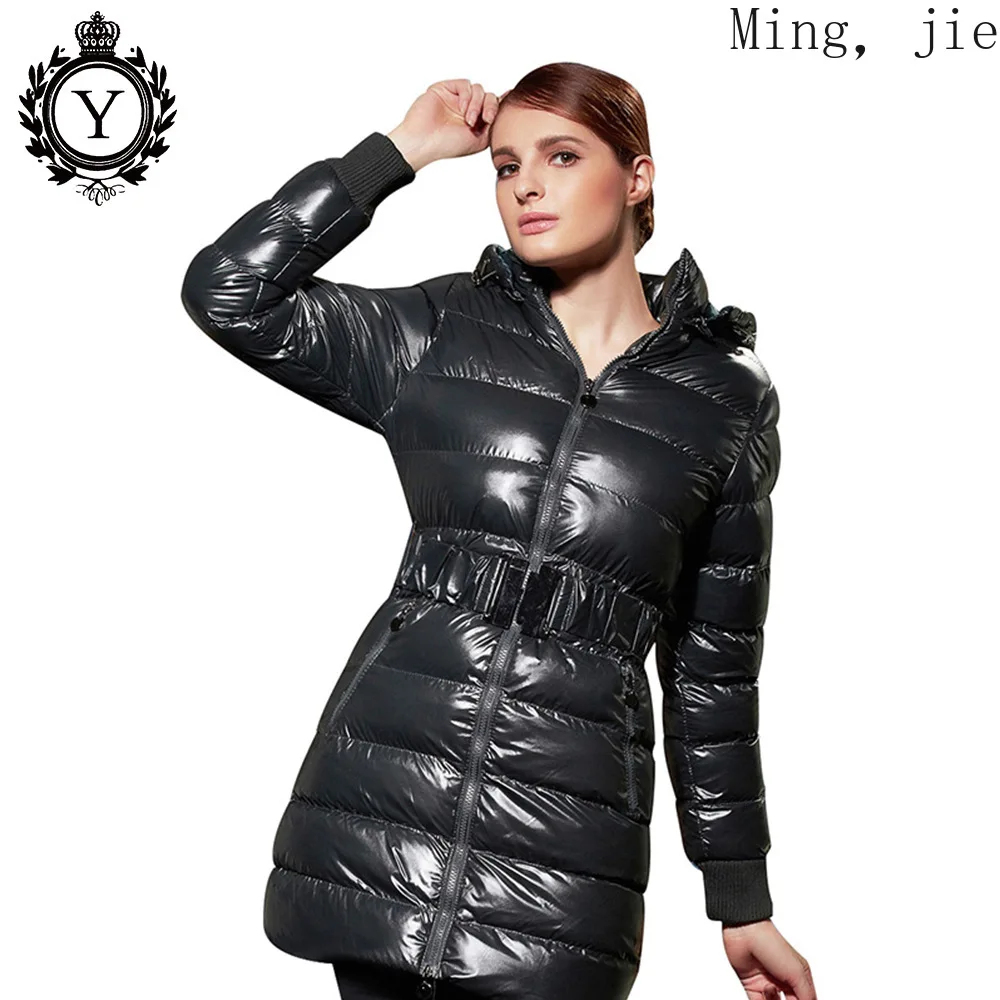 

New Style Nylon Shiny Mid-length Cotton Jacket Coat Women Europe and America Warm Autumn and Winter Luxury Bubble