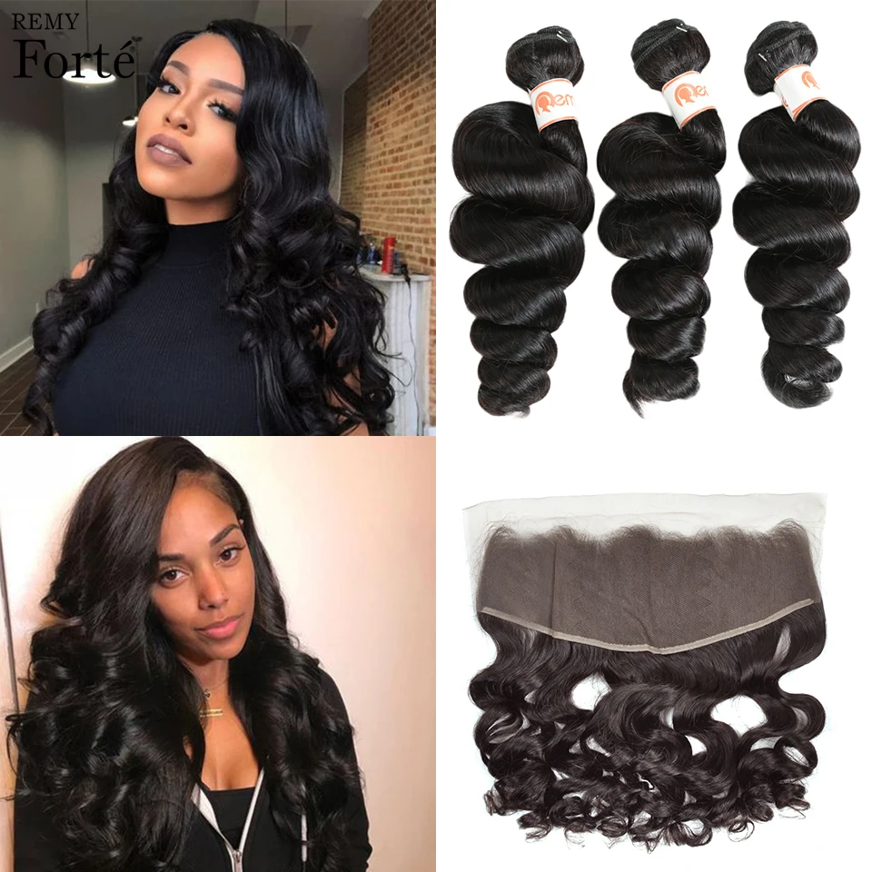 Remy Forte Loose Wave Bundles With Closure 30 Inch Bundles With Frontal Brazilian Hair Weave Bundles  3/4 Bundles With Closure