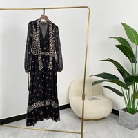 unique designer fahsion style leopard patchwork long sleeve self tie ladies top quality vintage black chiffon dresses