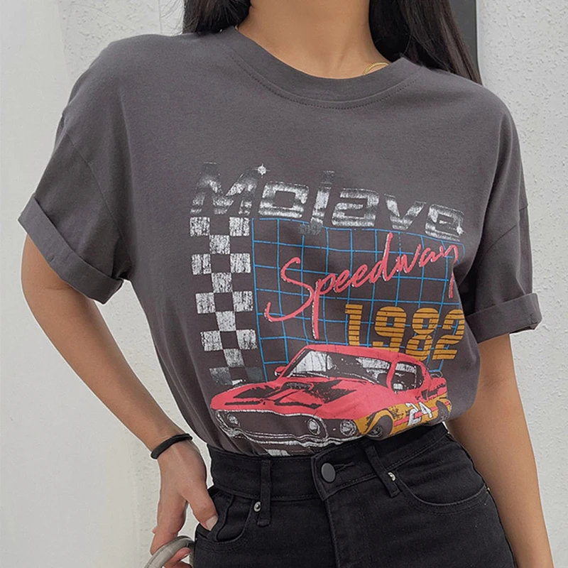 

Women's tops pulovers harajuku sexy Street Shooting Old Retro Racing Print T-shirt Loose Casual Short Sleeve clothes Summer