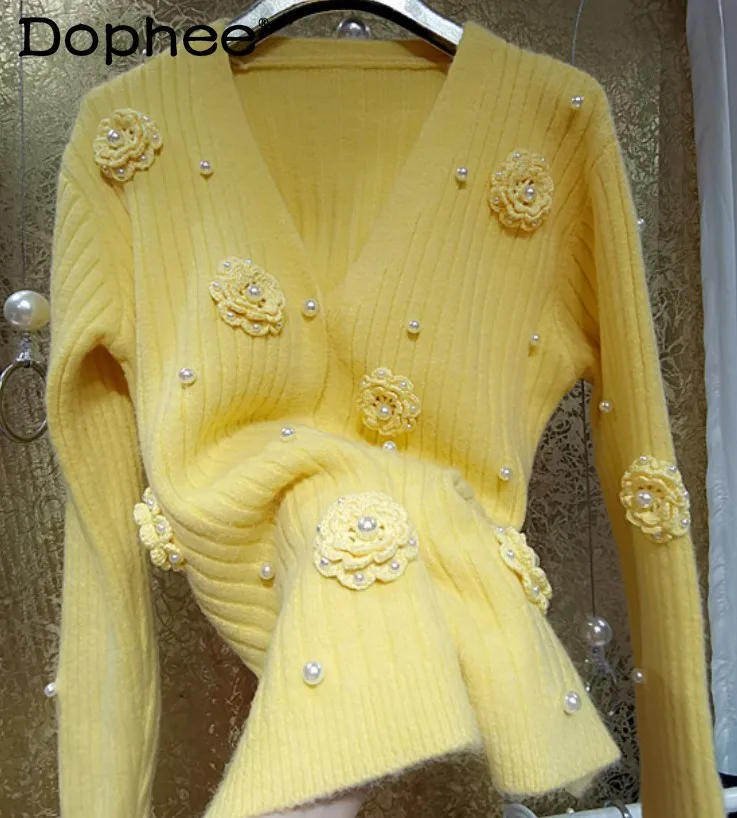 

Женский шерстяной вязаный свитер, милый утепленный кардиган с объемным вязаным цветком и жемчужинами, Осень-зима 2021