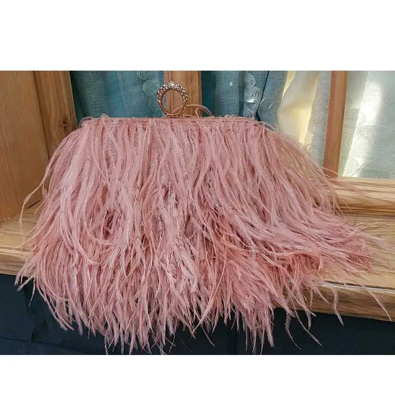 Pink Женские вечерние сумки с натуральным мехом страуса, кольцо с бриллиантами, мягкая кисточка, ручная работа, свадебная сумка на плечо, сумки - Цвет: Pink