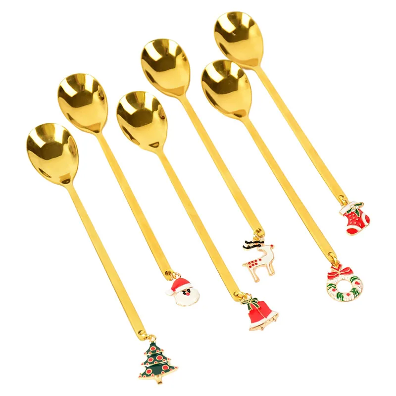 

Stainless Steel Gold Spoons With Christmas Pendant Santa Clus Elk Coffee Spoon Mixing Stirring Drink Ice Cream Dessert Tea Spoon