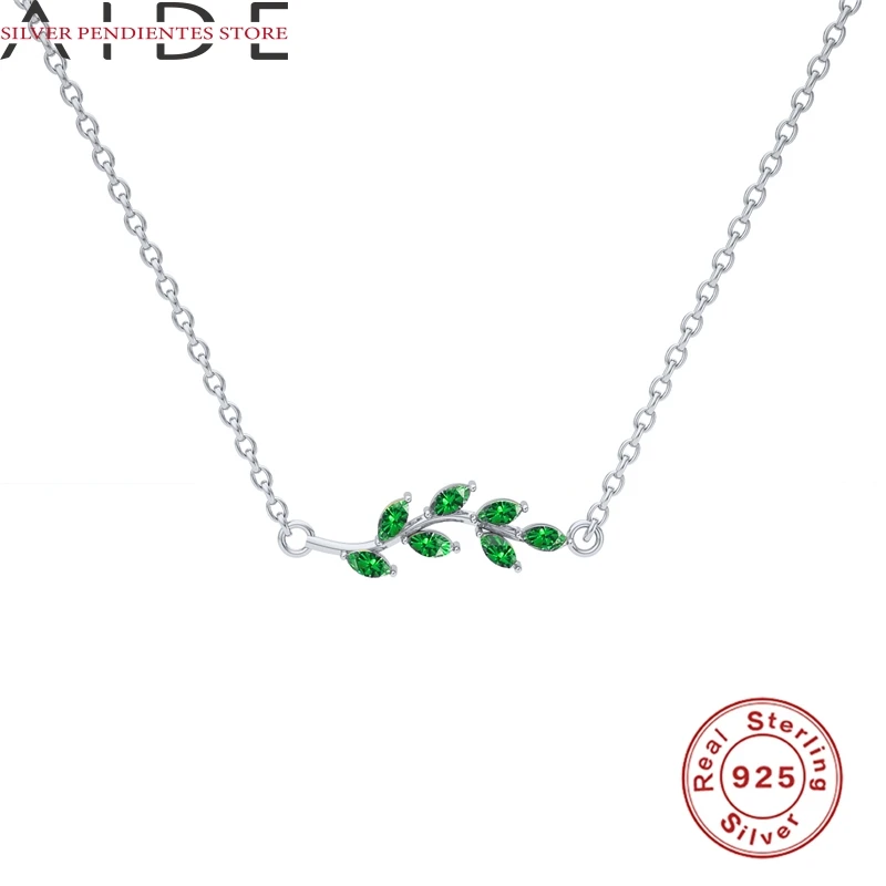 

AIDE Simple 925 Sterling Silver Necklace For Women Green Zircon Leaf Shape Pendant Chain Necklace Collares Gold Trend Jewelry