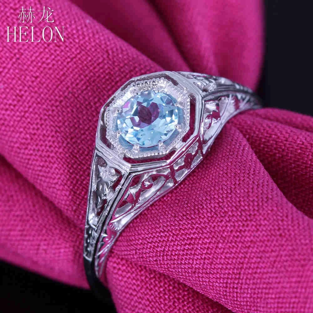 

HELON Solid 14K AU585 White Gold Flawless Round 4.5mm Genuine Sky Blue Topaz Engagement Ring Women Vintage Trendy Jewelry