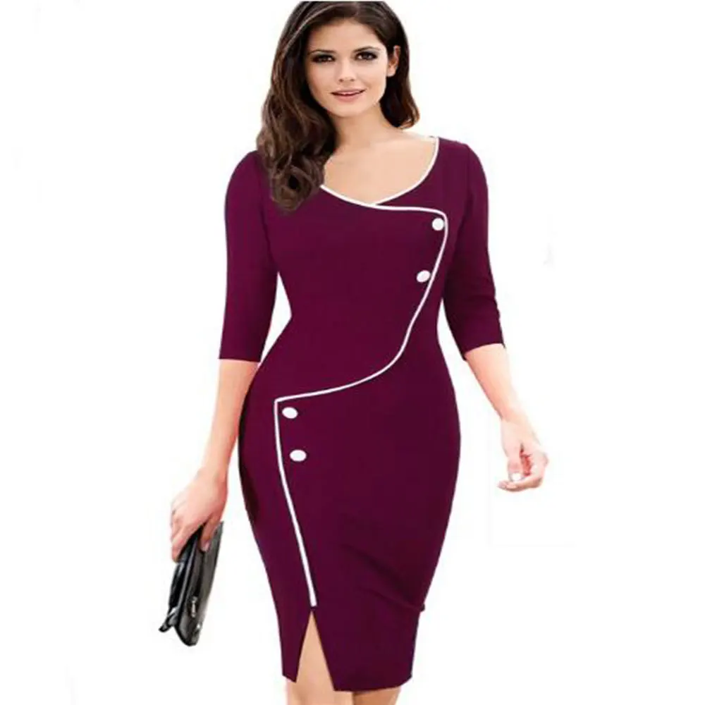 

Women's Dress Deep V-neck 3/4 Sleeve Contrast Stripe Front Split Pencil Skirt