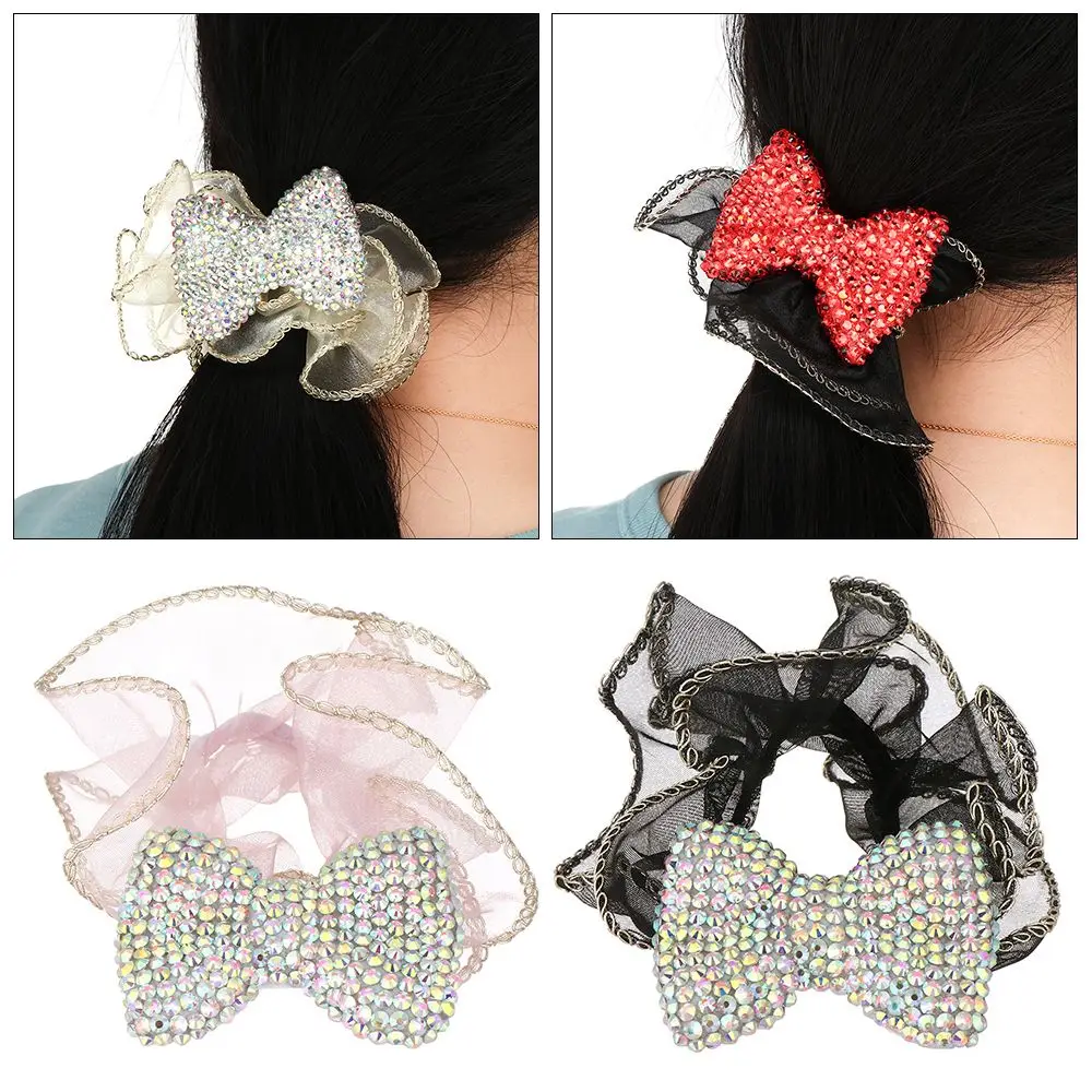 

Women Girls Fashionable Rhinestone Elastic Elegant Retro Yarn Bow-knot Hair Rope
