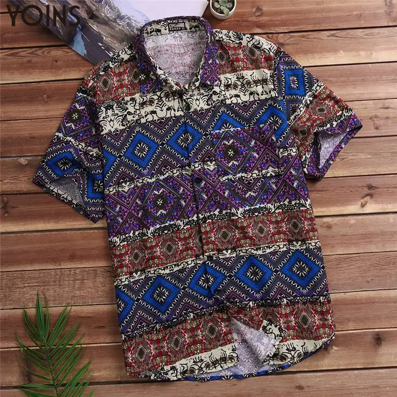 Гавайские мужские рубашки, 5XL, приталенные, хлопковые, с цветочным рисунком, с коротким рукавом, с отложным воротником, изогнутый подол размера плюс, топы, Camisa, летние, INCERUN