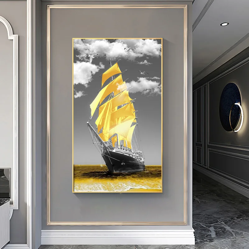 Картина на холсте Золотой океан и парусник Постер принты Морского Пейзажа