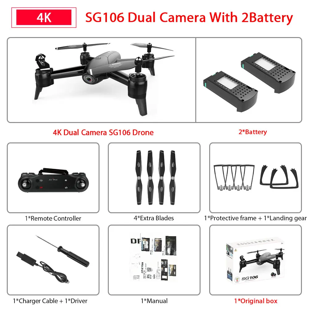4K Black SG106 2B SG106 WiFi FPV Радиоуправляемый Дрон с 720P или 1080P или 4K HD двойной камерой оптический поток воздушный видео Радиоуправляемый квадрокоптер для игрушек Детский Радиоуправляемый Дрон - Цвет: 4K Black SG106 2B