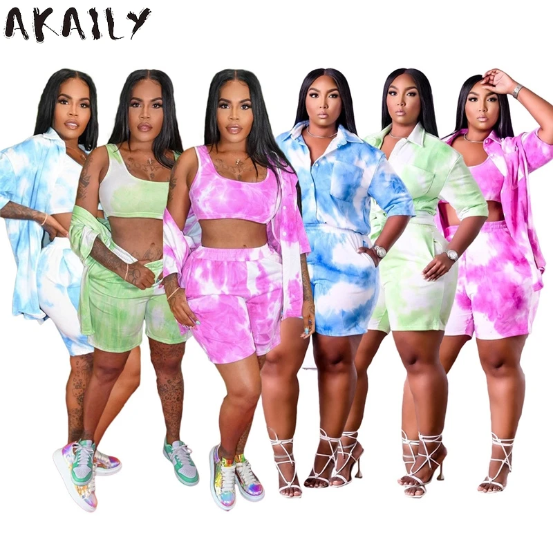 

Akaily Summer Streetwear Tie Dye 3 Three Piece Sets Women Tracksuit Matching Sets Sleeveless Bodycon Crop Top Skinny Shorts Sets