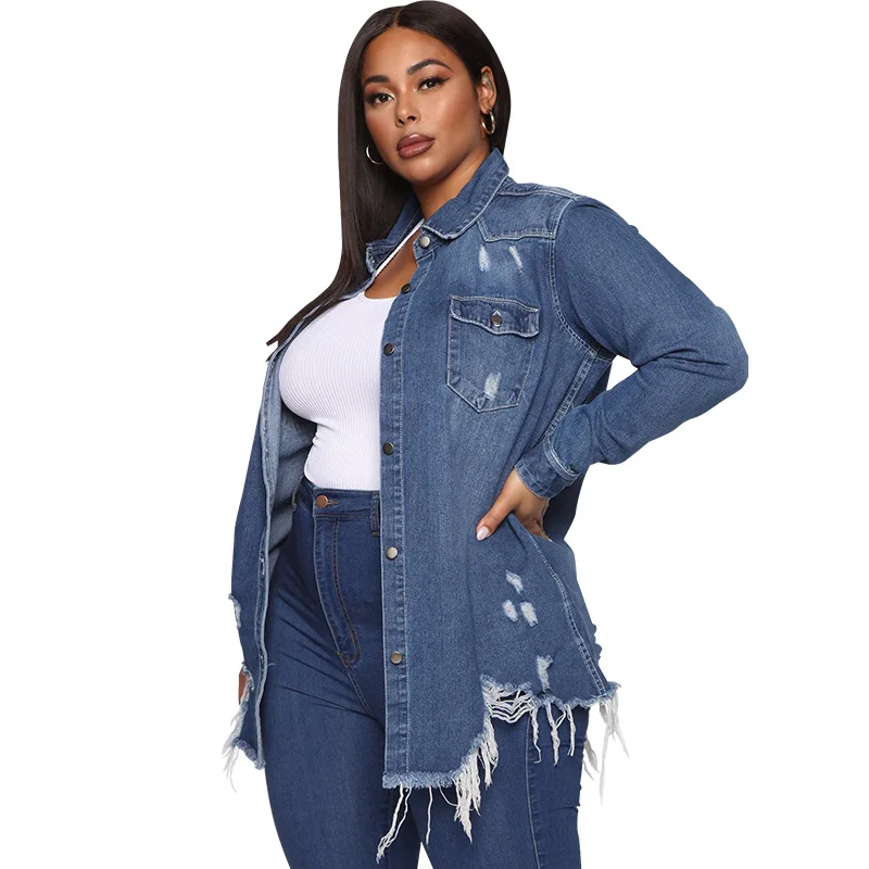 

African Clothes Denim Jacket Women Full Sleeve Turn Down Collar Pocket Outerwear Autumn Ripped Streetwear African Denim Jackets