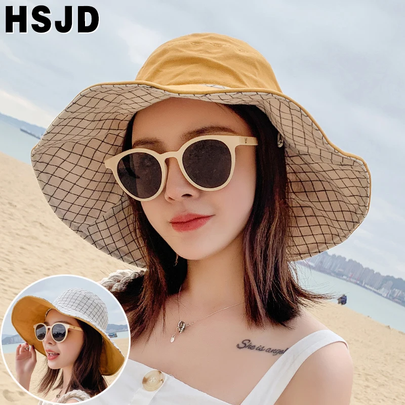 Женская летняя Клетчатая шляпа от солнца хлопковая с широкими полями и защитой