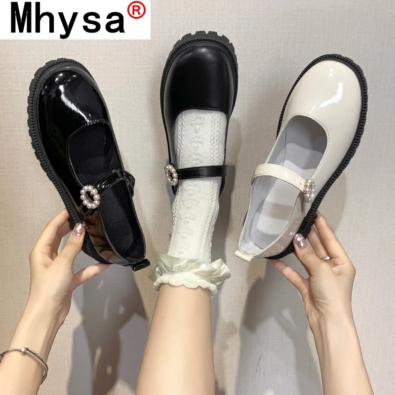 

Fashion Women's Flat Shoes Comfortable PU Leather Ankle-strap Casual Women's Shoes Round Head Pearl Asakuchi Mary Jane Shoes
