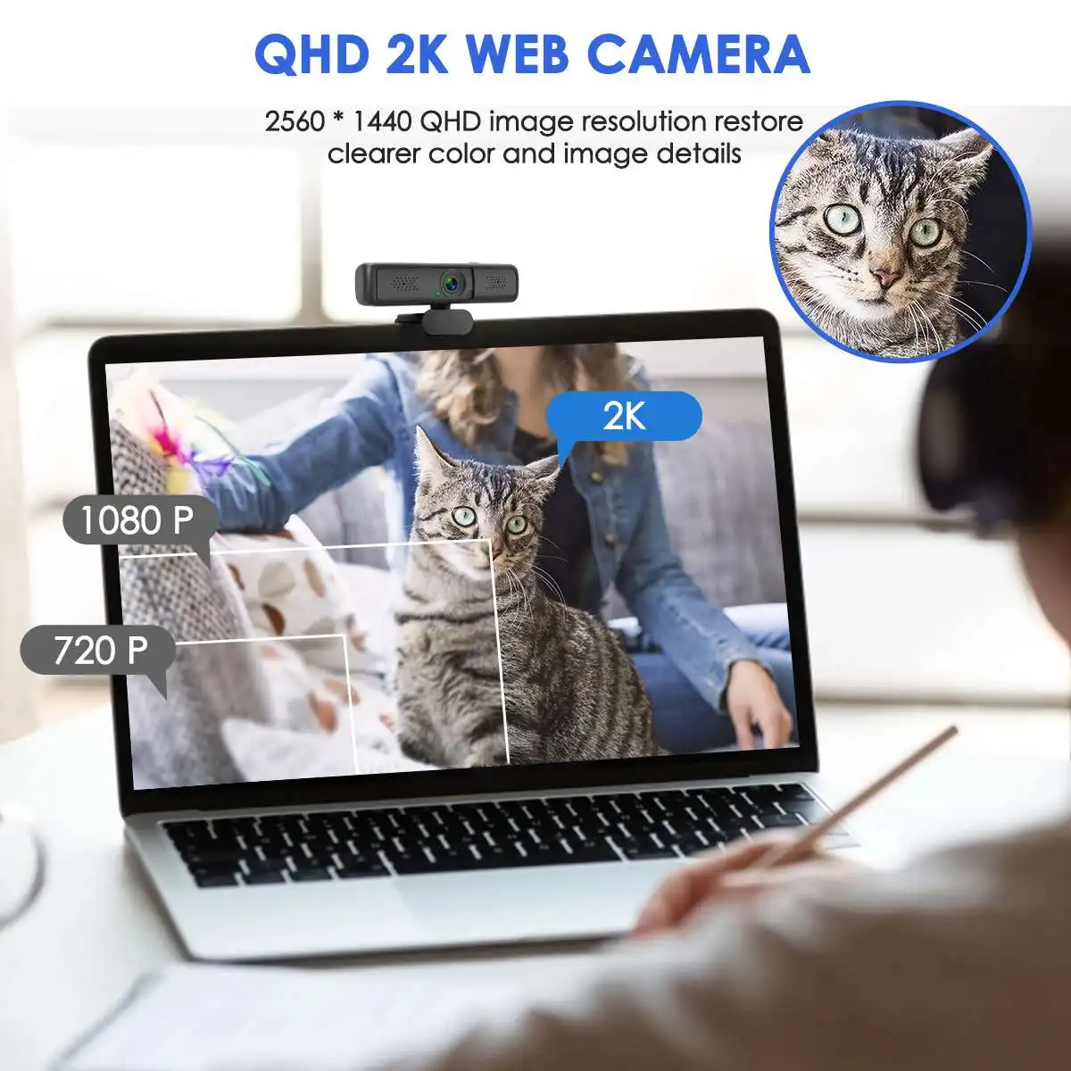 Веб-камера MECO 2K QHD HD с микрофоном 110 ° USB |