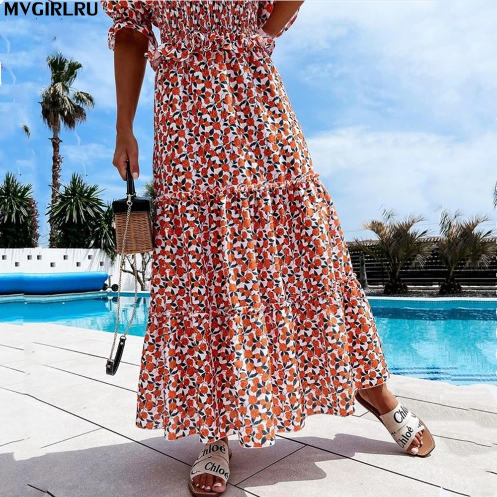 

MVGIRLRU Preorder Womens 2pcs Suit Skirt Beach Printed Short Sleeve Off-shoulder Tube Top flouncing Long Skirt Ladies Set