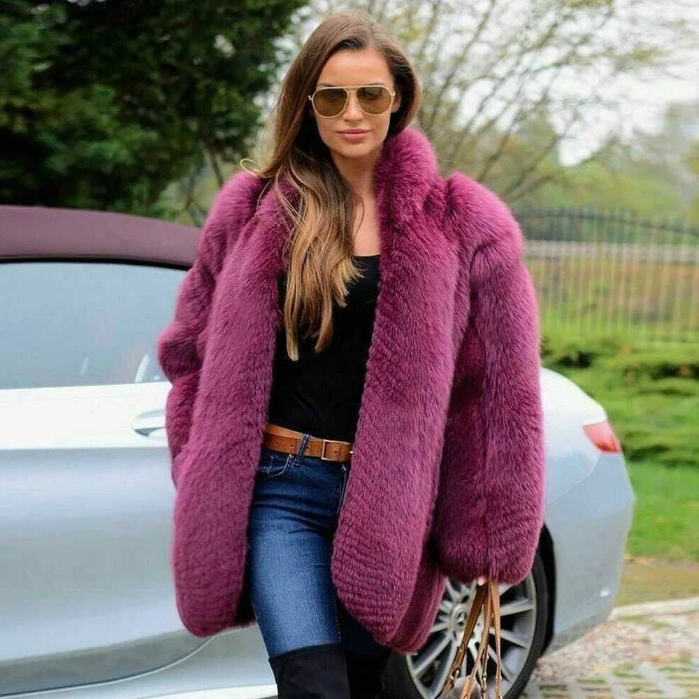 Natural Fox Fur Coats for Women Winter Fashion 2022 New Whole Skin Purple Red Mid-length Genuine Fox Fur Jacket Stand Collar