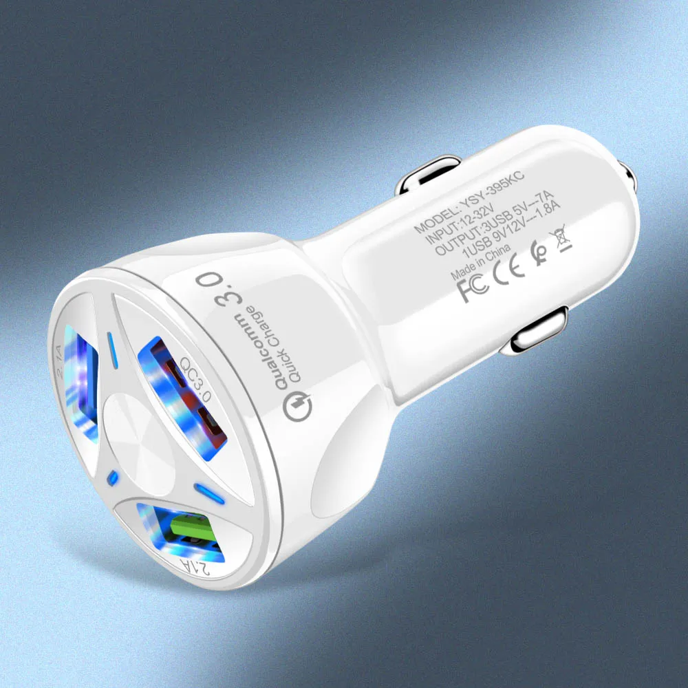 3 Port Car Charger Автомобильное зарядное устройство с 4 usb-портами, быстрая зарядка 3,0, автомобильное зарядное устройство с кабелем 1,7 м для планшета, смартфона iPhone X 8 7, расширенный адаптер QC 3,0 - Тип штекера: 3 Port Car Charger