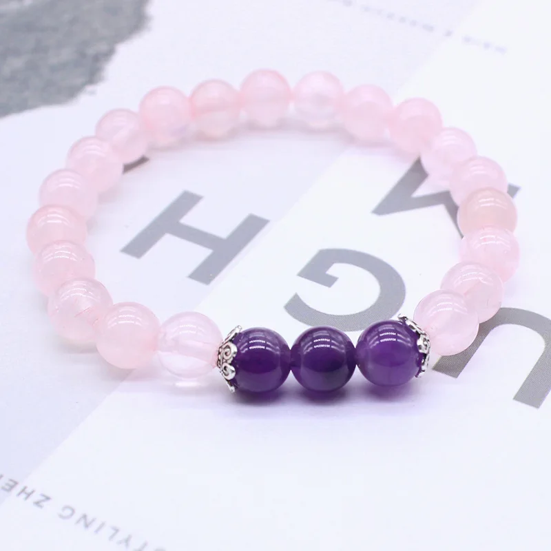 8mm Natural Stone Pink Crystal Quartz Bracelet Purple Amethysts Beads Lotus Strand Buddha for Women Girl Love Gifts | Украшения и