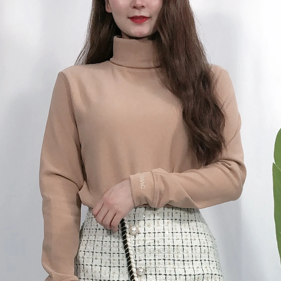 Осень Зима 2020 Женская Водолазка однотонная тонкая фланелевая рубашка Нижнее