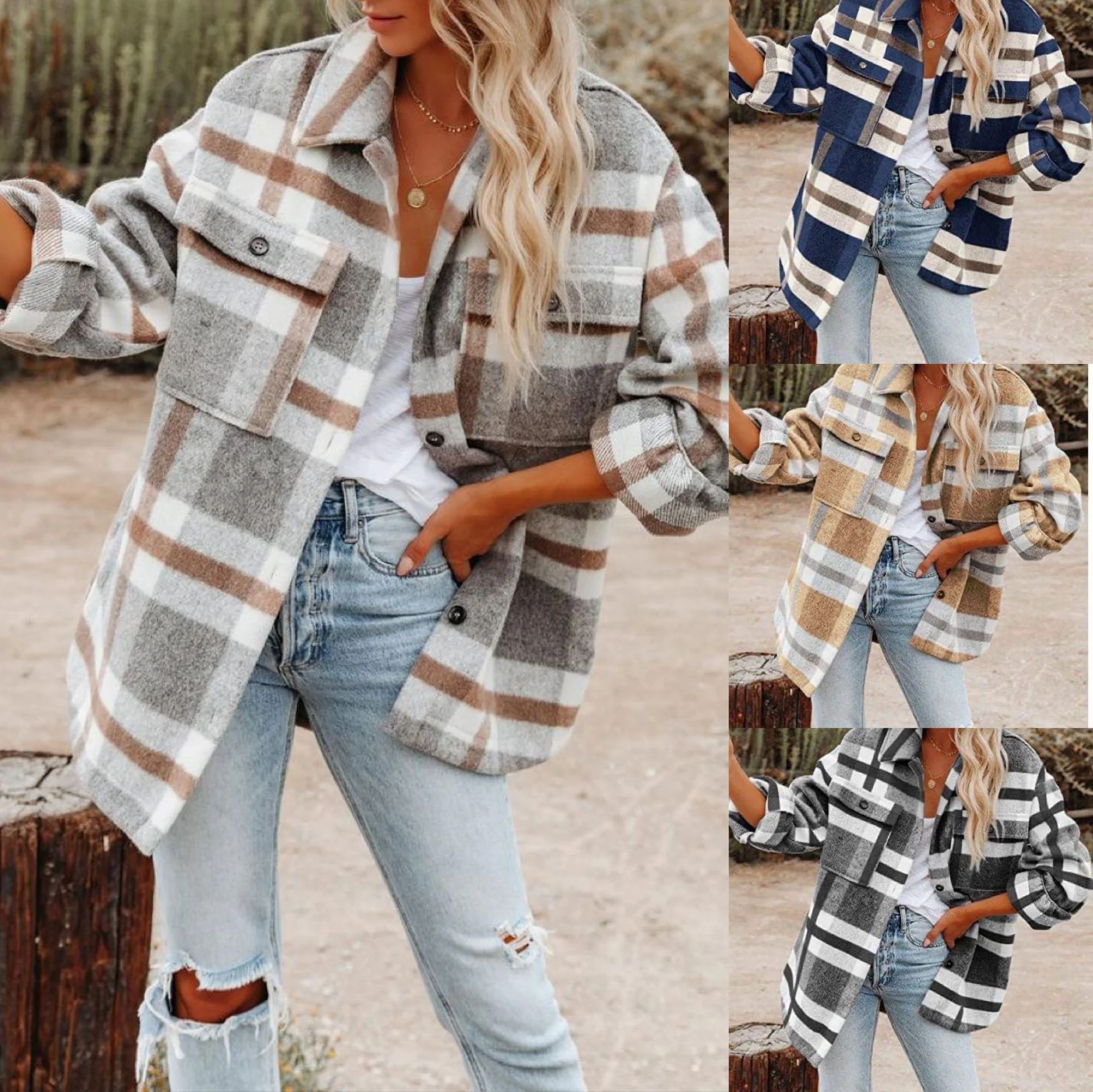

2021aw Long Sleeved Loose Plaid Shirt Tweed Coat Female