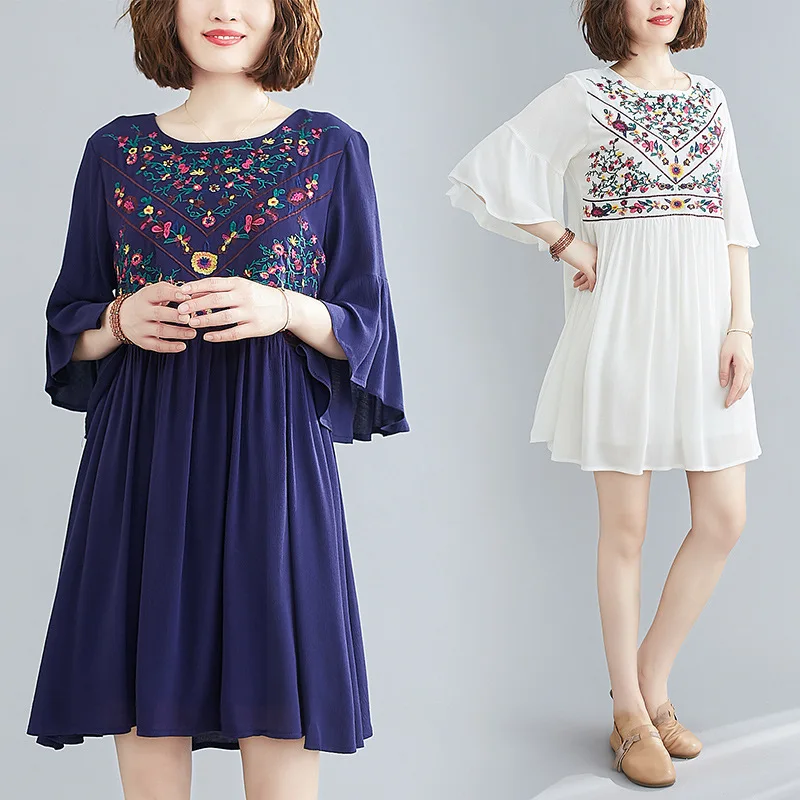 

Women's Floral Embroidered Flare Sleeve Dress Summer Retro O Neck Plus Size Loose Elegant Half Sleeve Mini Dresses 2021 A-line