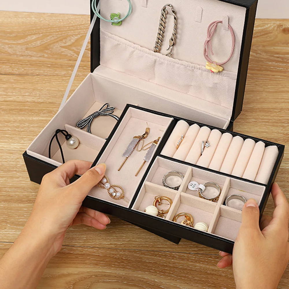 

1 Pcs PU Leather Jewelry Organizer Earring Ring Necklace Jewelry Storage Box Portable Double-layers Display Storage Organizer