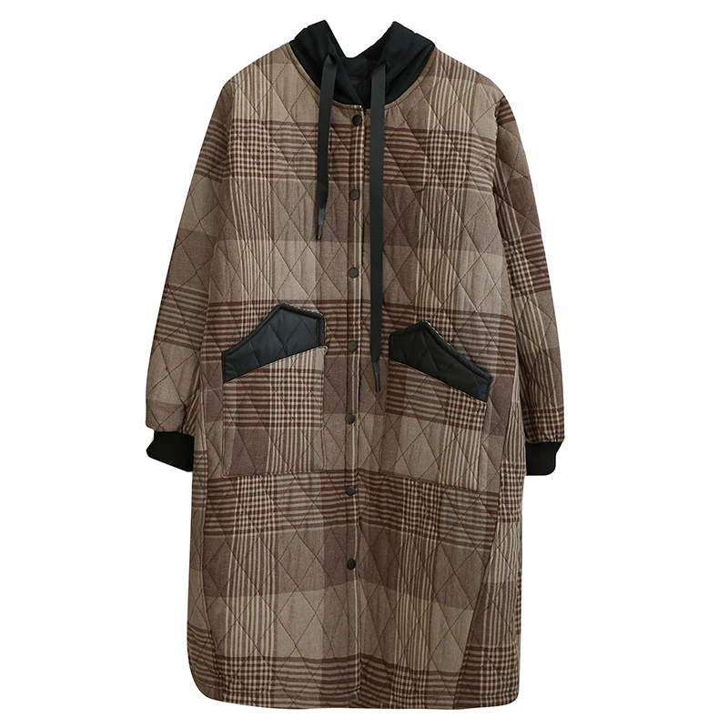 

2022 New Winter Hooded Cotton Jackets Women Clothing Large Size Retro Plaid Thick Long Stitching Cotton Jacket Winter Coats 115c