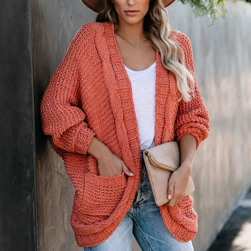 Женский вязаный кардиган с карманами однотонное пальто длинным рукавом женский