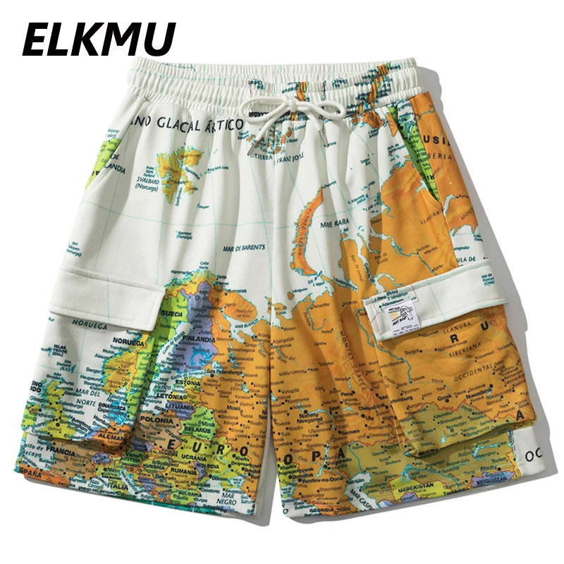 

ELKMU 2021 Men Summer Shorts Map Print Harajuku Streetwear Beach Shorts Hip Hop Sweatpants Fashion Bottoms Elastic Waist HE889