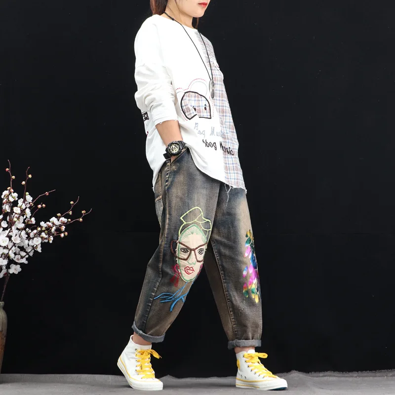 Женские джинсы с вышивкой в стиле ретро потертые винтажные шаровары эластичной