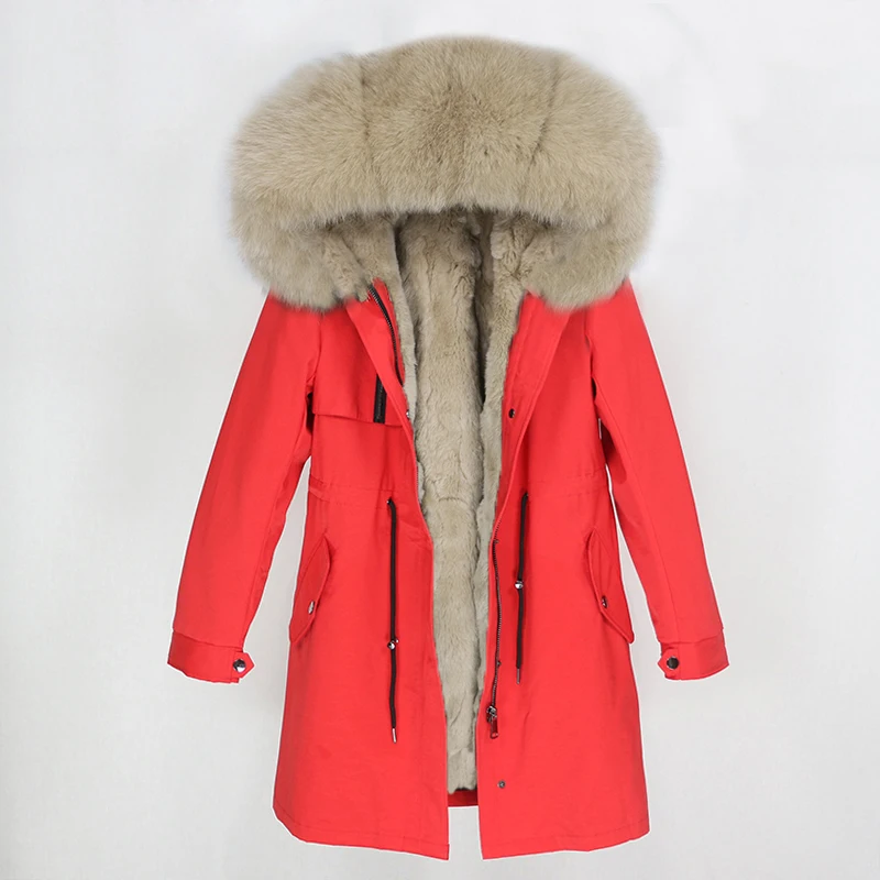 red dark beige OFTBUY натуральный Лисий мех воротник парка с капюшоном зимняя куртка женская натуральный кроличий мех внутри Толстая теплая верхняя одежда Уличная Роскошная - Цвет: red dark beige