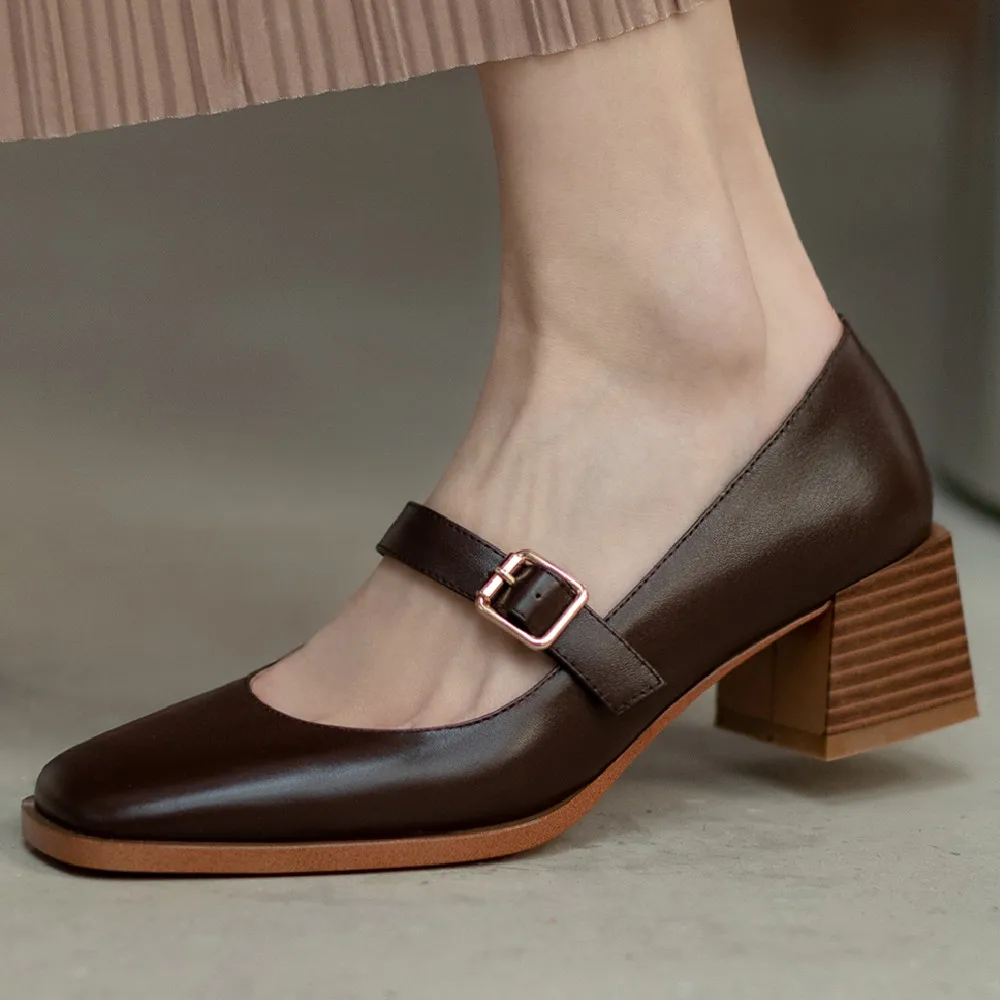

Туфли-лодочки женские из натуральной кожи, на толстом среднем каблуке, с квадратным носком, без застежек, с металлической пряжкой