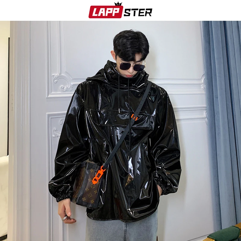 Мужская кожаная куртка с капюшоном ветровка в стиле хип хоп черная уличная