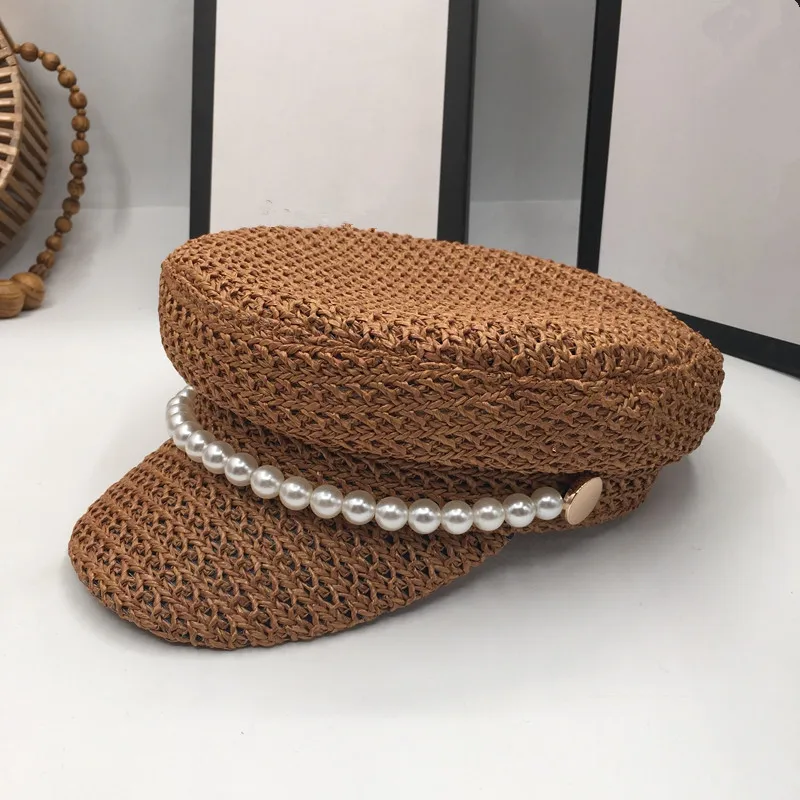 Женская плетеная шляпка с жемчугом новый весенний Плетеный светильник из соломы