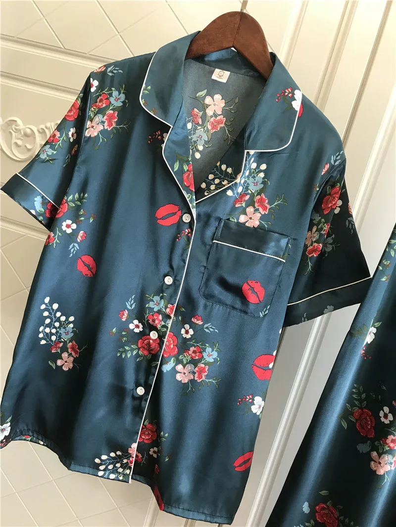 Женская шелковая атласная пижама пижамный комплект с коротким рукавом Пижама