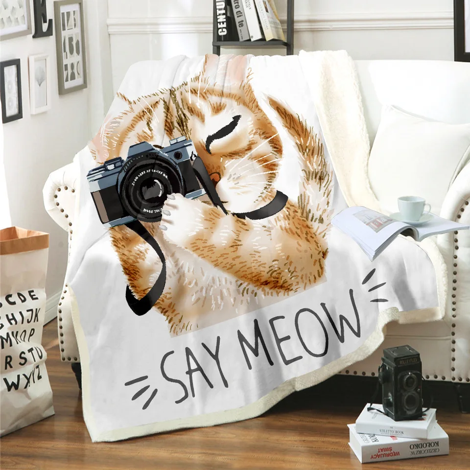 

Funny Cat Flannel Throw Blanket Bed Quilt Bedspread Thicken Blanket and Warm Sofa Cover for Home Camping Mat All Season
