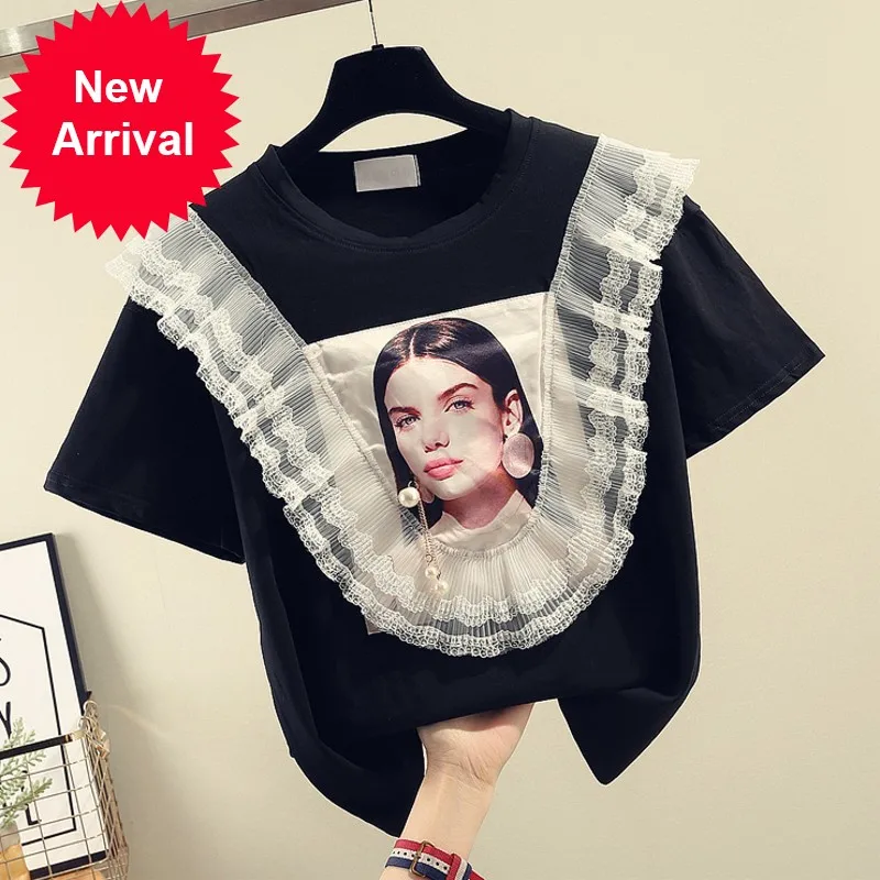 

2020 Summer New Korean Short Sleeved T-shirt Female Flower Beads Lace Edge Round Collar Shirt Student Tee Tops