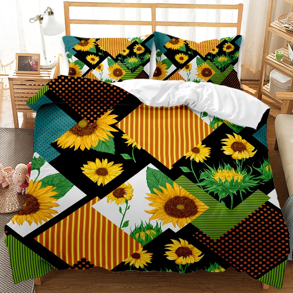

Sunflowers Comforter Set Stripes Comforter Yellow Sunflower Printed Reversible Down Comforter Microfiber Filling Bedding Sets