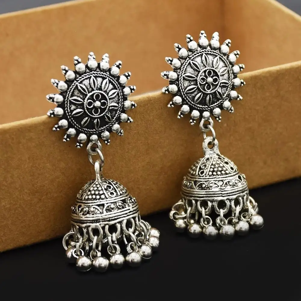 

Classic Women Indian Jhumka Gypsy Jewelry Sliver-color Boho Earrings Vintage Ethnic Hollow Tassel Bell indian Earrings For Women
