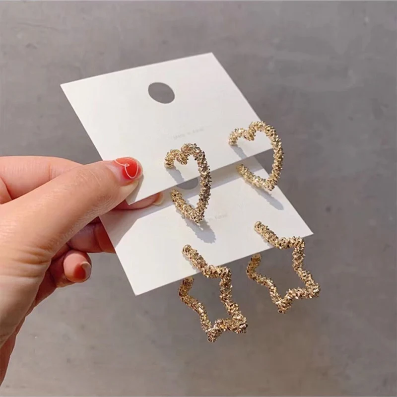 MENGJIQIAO новые модные золотые Цвет металла с сердечками и звездами милые серьги