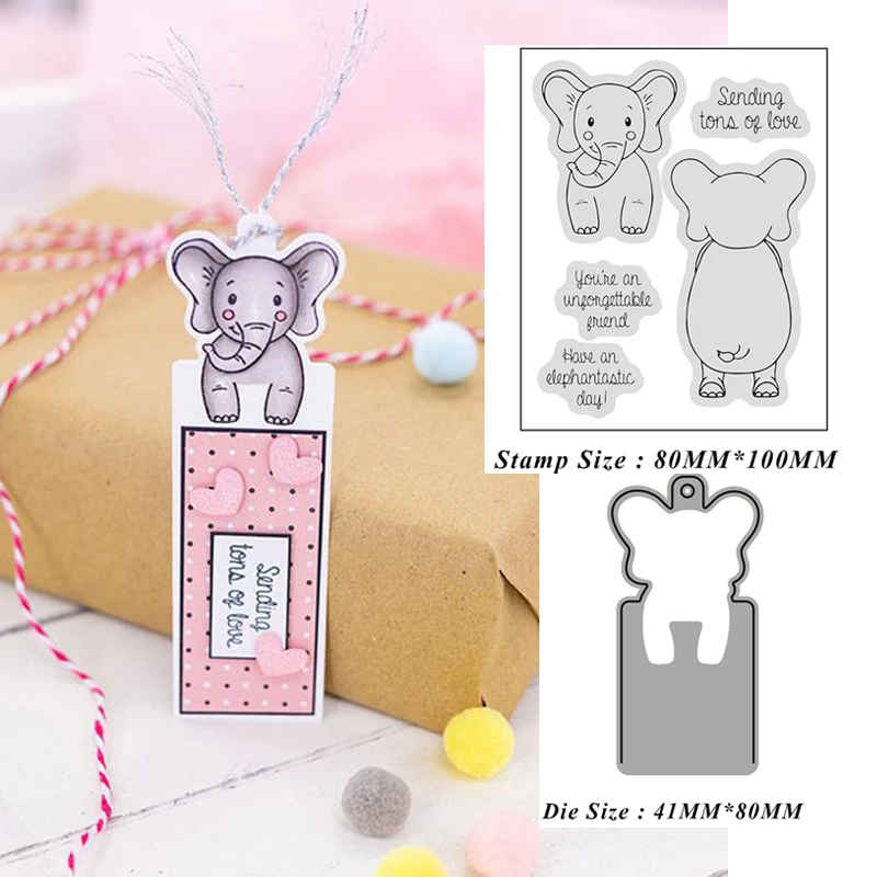 

Elephant Front and Back Tag Stamp and Metal Cutting Dies DIY Scrapbooking for Photo Album Decorative Clear Stamps