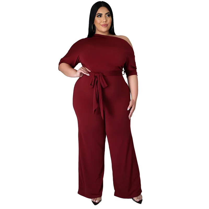 

Zoctuo Plus Size L-4XL Jumpsuits For Women Slash Neck Women Casual Jumpsuits Autumn Half Sleeve Sashes Lace-Up Straight Rompers