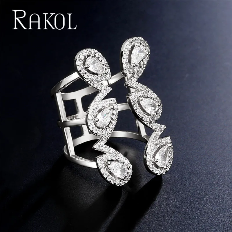 

Новые корейские открытые Регулируемые кольца RAKOL с цирконом в форме капли воды для женщин и девушек, роскошные ювелирные изделия для вечерн...